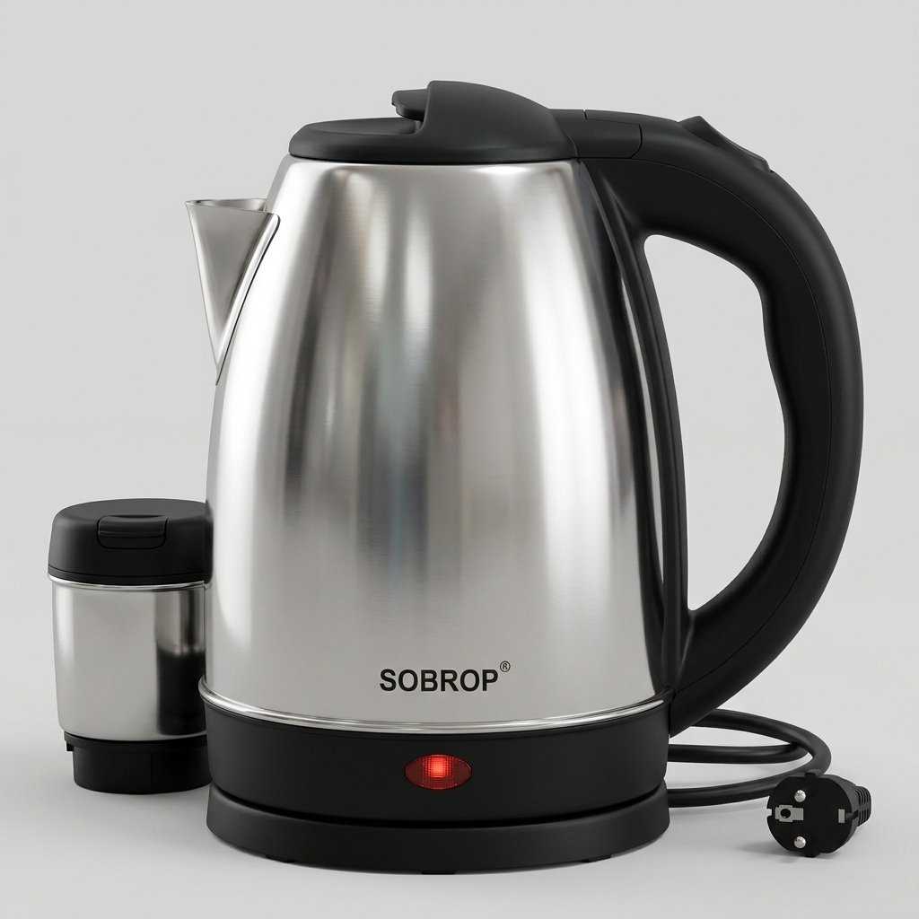 SOBROP 2.1L Stainless Steel Electric Kettle – 1500W Fast Boiling Water Heater with Black Trim, Auto Shut-Off & Boil-Dry Protection (Model SC-20A)
